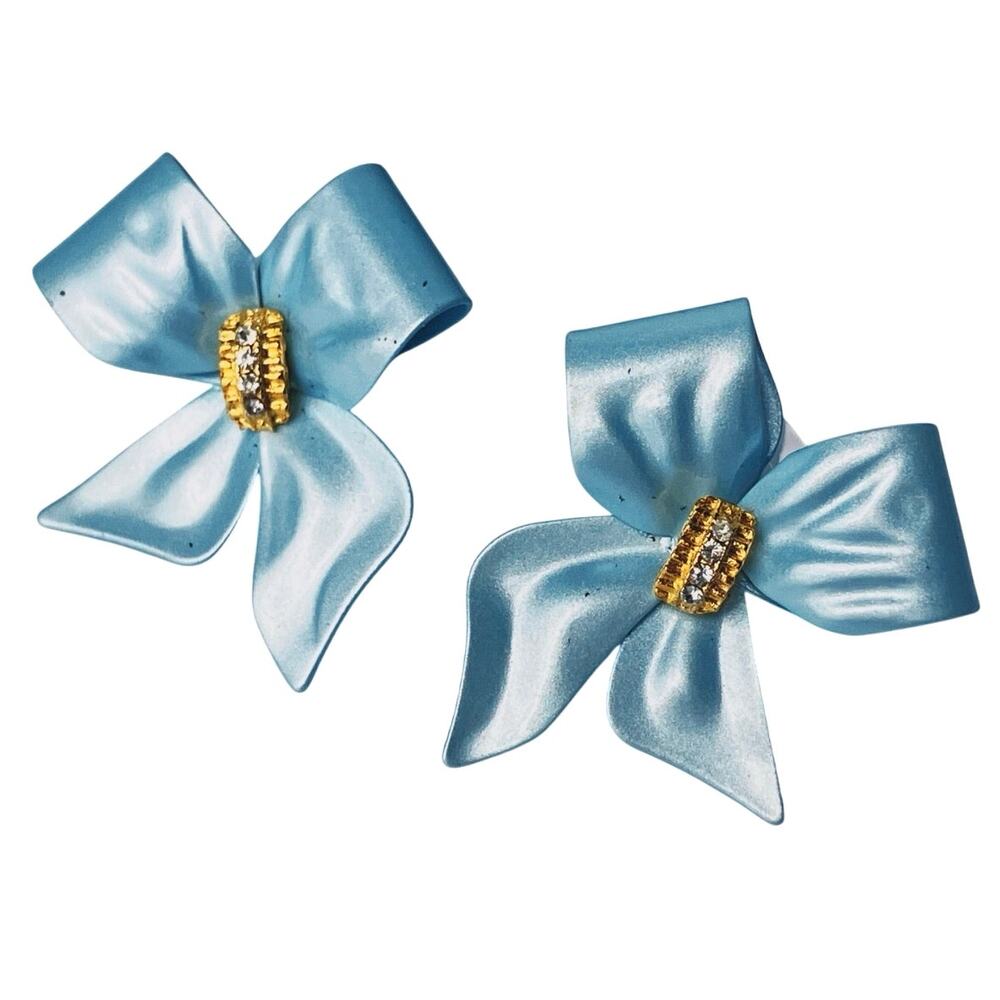VTG Enamel Bow Earrings Aqua Blue Gold Tone Rhinestone Post Dore Style 80s-90s
